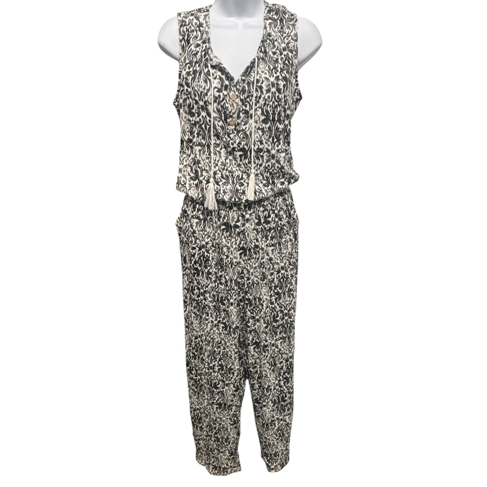 d & co. BEACH Black White Damask Print Linen Blend Tassel Jumpsuit XS